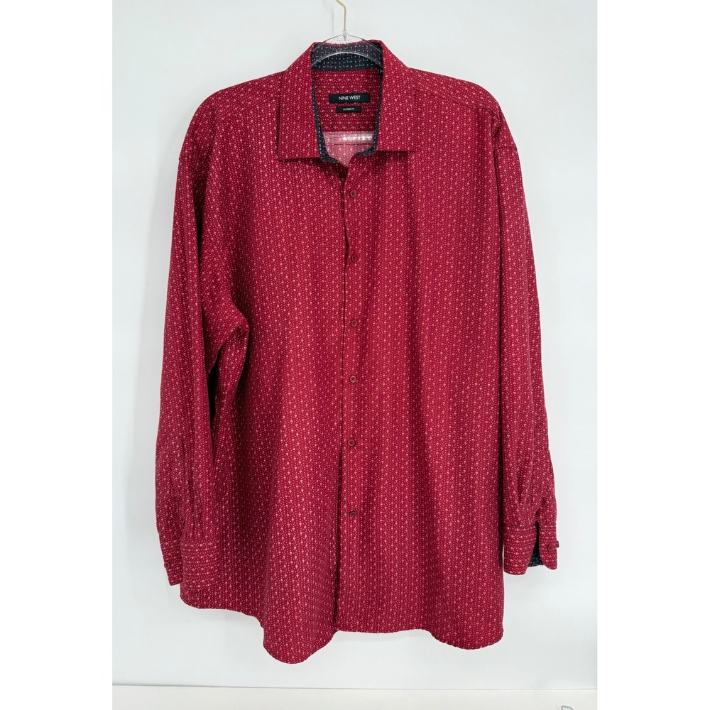 Nine West Mens Sz XL Red White Floral Classic Fit Button Down Shirt 17-17.5